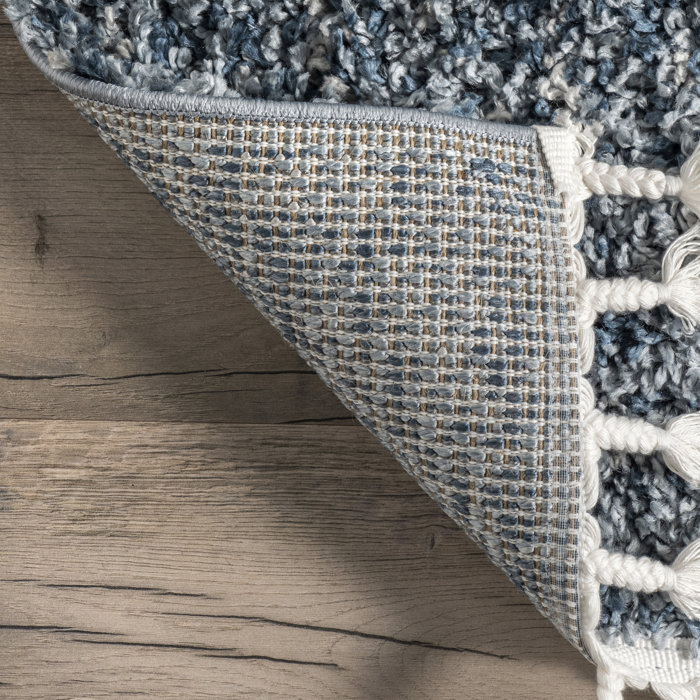 Ebern Designs Esch Shag Tasseled Power Loom Performance Blue Rug